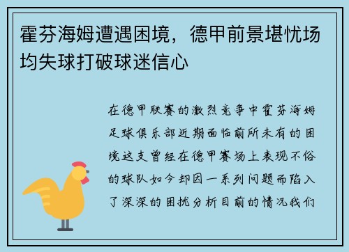 霍芬海姆遭遇困境，德甲前景堪忧场均失球打破球迷信心
